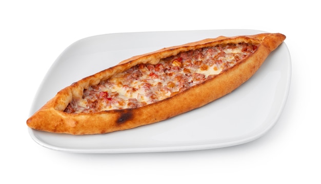 Turkish boatshaped flatbread pide isolated on white