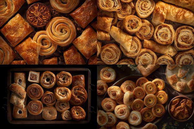 Turkish Burek Collage Traditional Borek Meat Filled Pie Many Homemade Boureki Feta Buns Top View Abstract Generative AI Illustration