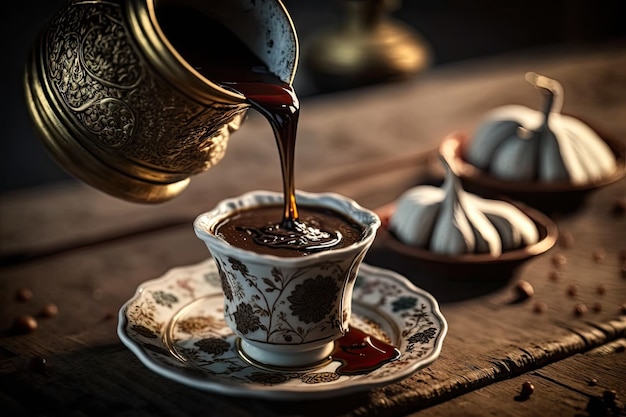 Turkish coffee being poured into delicate tullewrapped cup