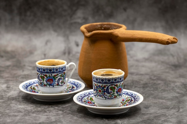 Turkish coffee on a dark background Traditional Turkish cuisine flavor close up