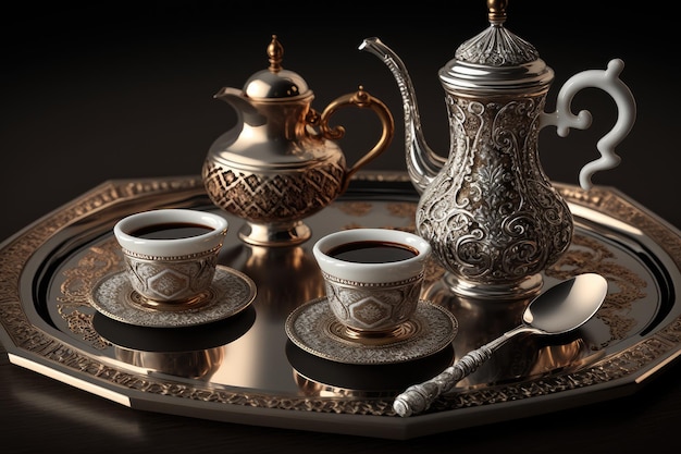 Turkish coffee service with silver tray and delicate crockery