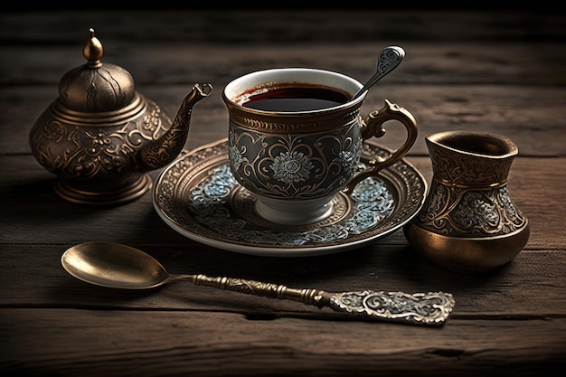 Turkish coffee set with saucer spoon and sugar on wooden table