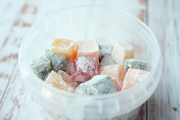 Turkish delight or lokum of red green orange and yellow colors