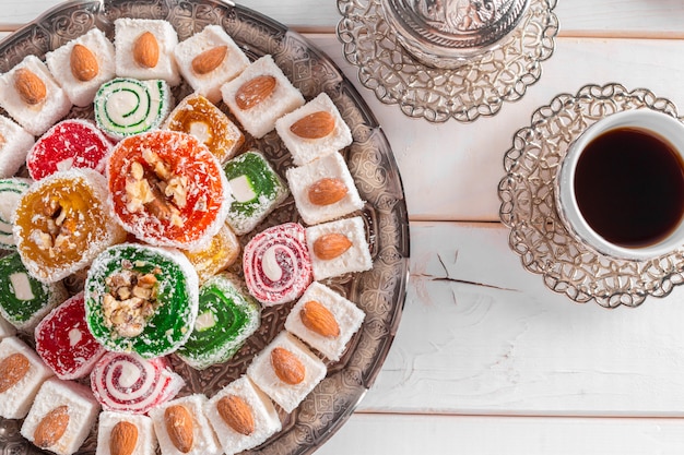 Turkish delight on a wooden table