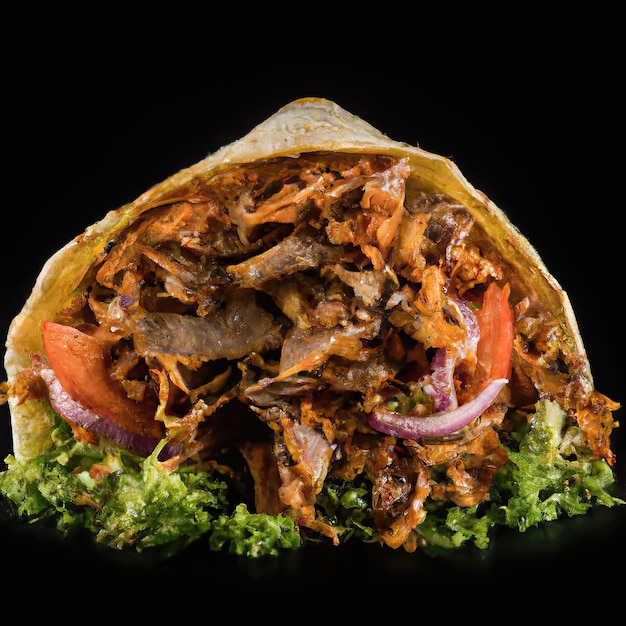 TURKISH DONER KEBAB product shot, black bokeh background premium photo