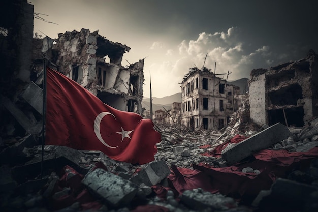 The Turkish flag over the state after the earthquake Ruins destruction tragedy disaster