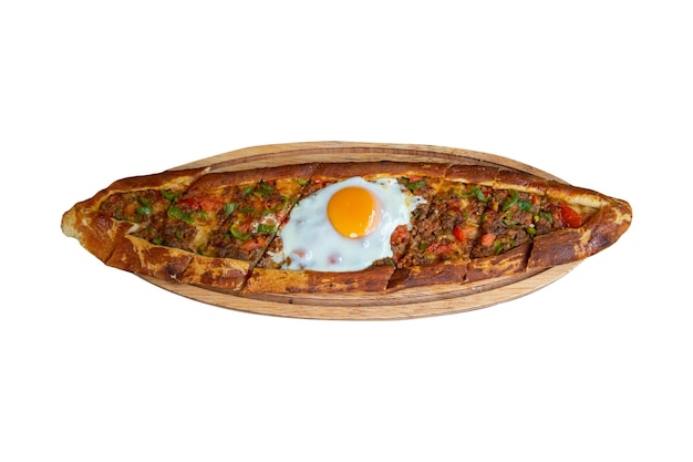 Turkish food pita with minced meat and eggs, top view, isolated on white background