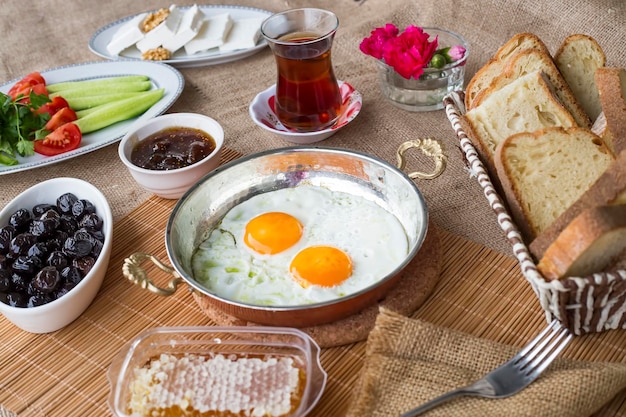 Turkish kitchen; Traditional delicious Turkish breakfast table.