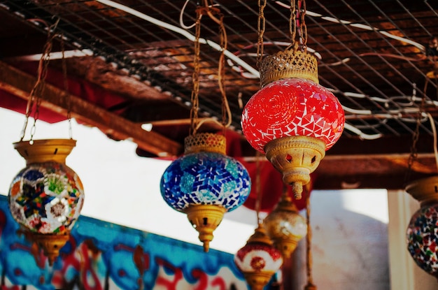 Turkish lamps are made of colored glass on a graffiti background