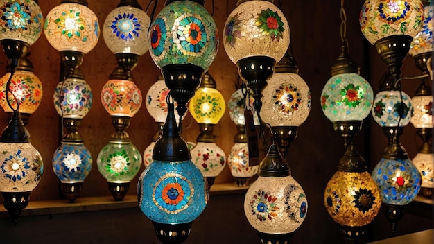 Turkish lamps hanging in vibrant display