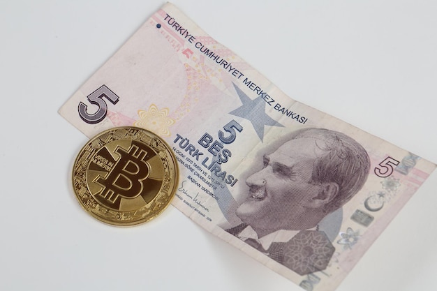 Turkish lira banknotes and bitcoin coin