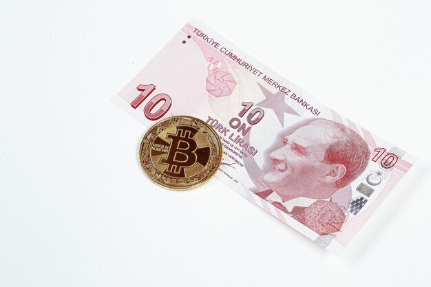 Turkish lira banknotes and bitcoin coin