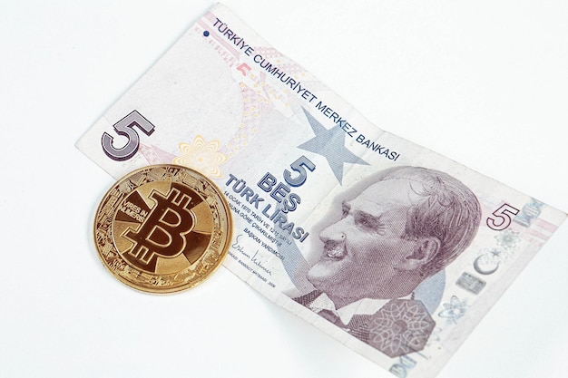 Turkish lira banknotes and bitcoin coin