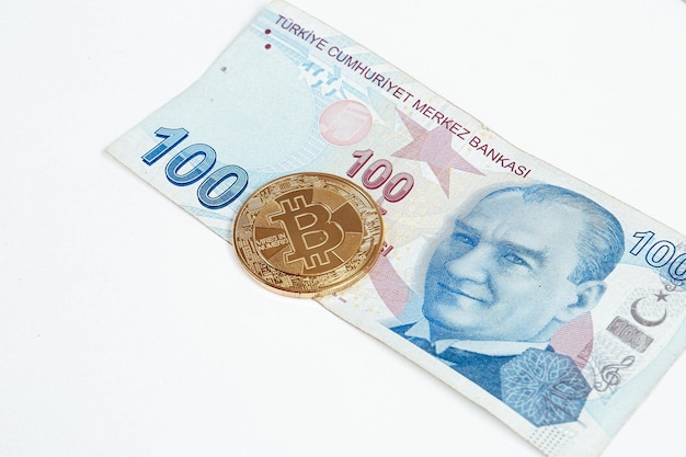 Turkish lira banknotes and bitcoin coin