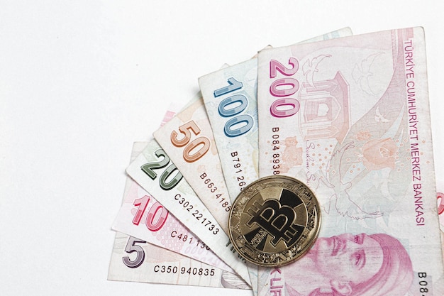 Turkish lira banknotes and bitcoin coin