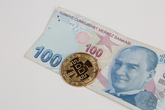 Turkish lira banknotes and bitcoin coin