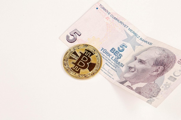 Turkish lira banknotes and bitcoin coin