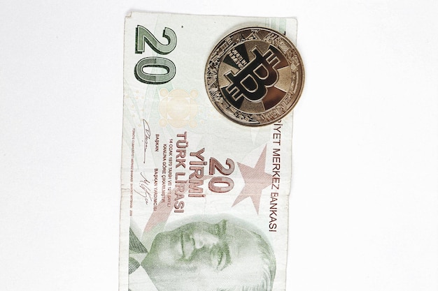 Turkish lira banknotes and bitcoin coin