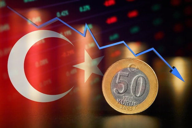 Turkish Lira coin on the against of stacks of coins and Falling stock market chart and Turkish flag