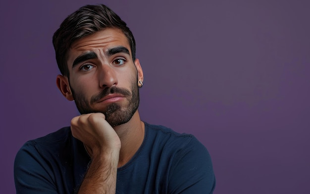 Turkish Man with Thoughtful Expression Hand on Chin Isolated on Purple Background JPG Portrait image