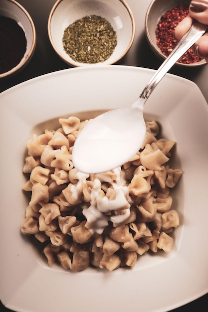 Turkish Manti manlama on plate