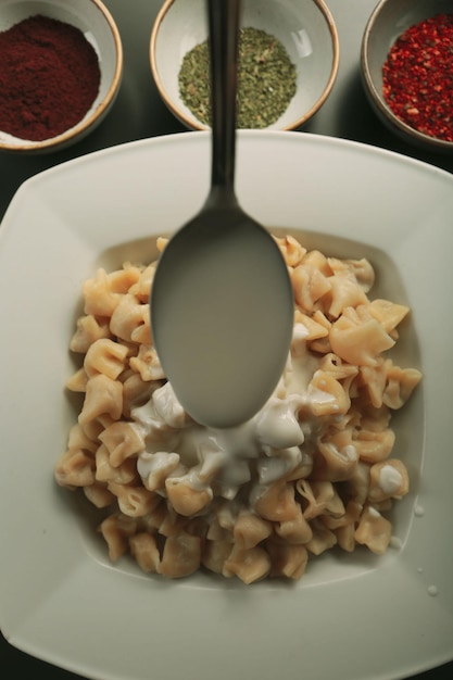 Turkish Manti manlama on plate