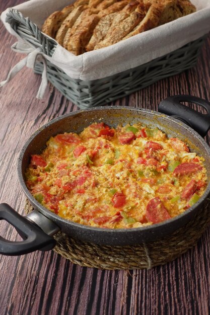 Turkish menemen omelet in a frying pan