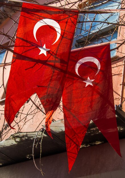 Turkish national flag hanging in the street