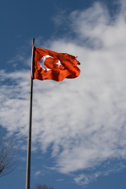 Turkish national flag with white star and moon in sky