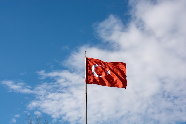 Turkish national flag with white star and moon in sky