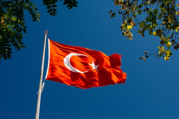 Turkish national flag with white star and moon in sky