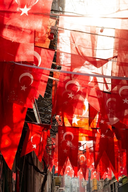 Turkish national flags on string in view