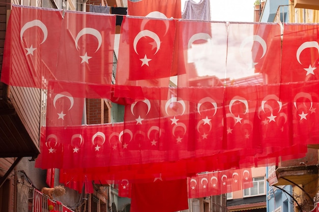 Turkish national flags on string in view