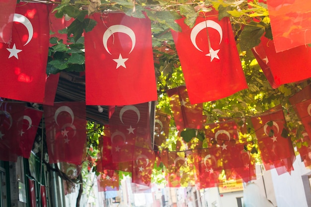 Turkish national flags on string in view