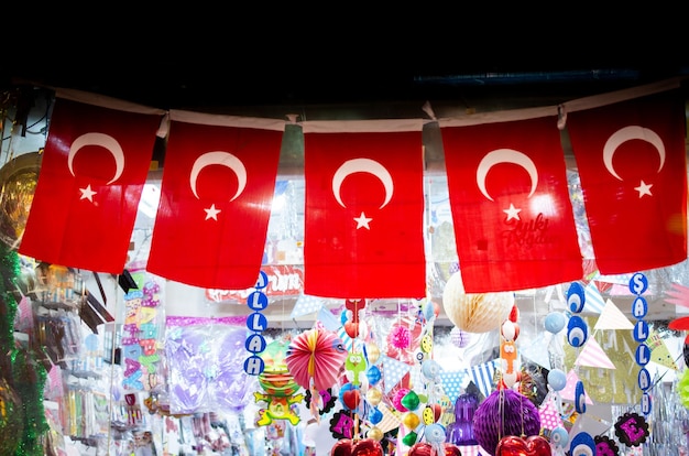 Turkish national flags on string in view