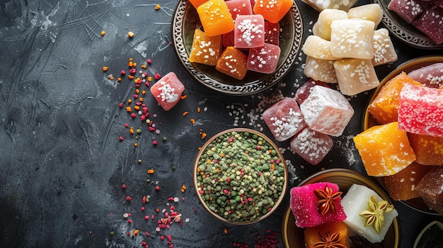 Turkish national sweets are sold at the fair Multicolored Asian desserts stacked on the table Rahat lokum in bulk is sold at the festival