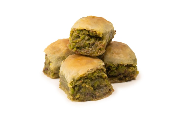 Turkish pistachio baklava isolated on white background