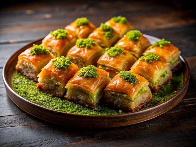 Turkish pistachio baklava Traditional delicious Turkish baklava and green pistachio nut