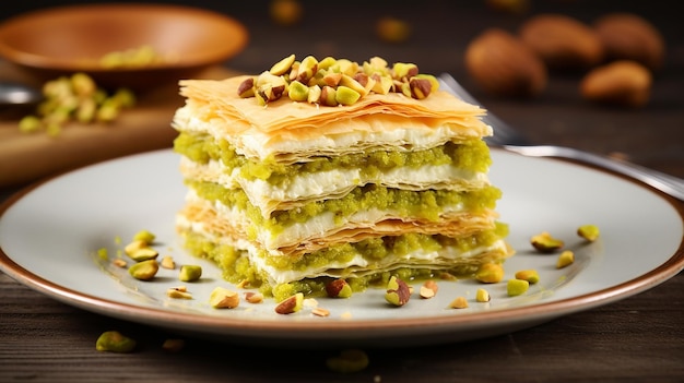 Turkish Pistachio Baklava on White Plate