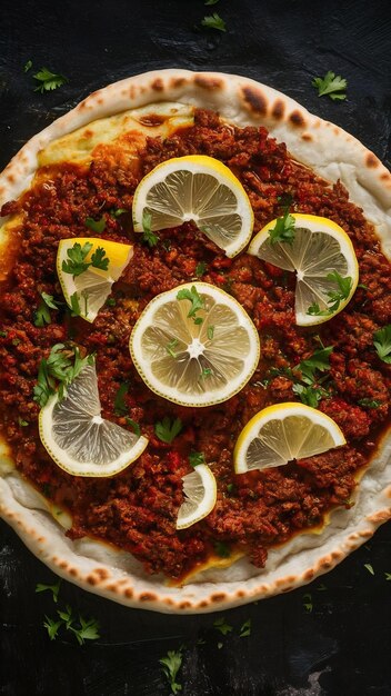 Turkish pizza lahmajun flatbread with minced meat with lemon and parsley