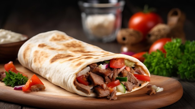 Turkish Shawarma with Beef and Salsa Sauce in Pita Bread