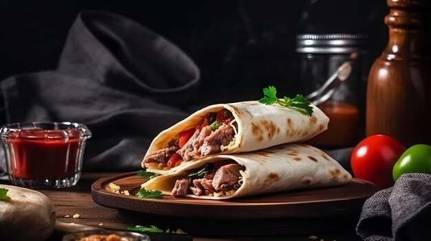 Turkish Shawarma with Beef and Salsa Sauce in Pita Bread