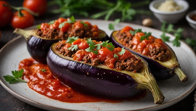 Turkish stuffed eggplants with ground beef and vegetables baked with tomato sauce