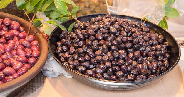 Turkish style prepared olives in the market