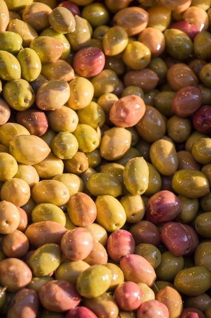 Turkish style prepared olives in the market