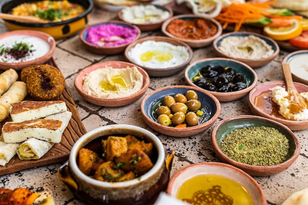 Turkish Village breakfast table served in a restaurant Top view