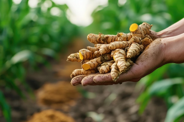 Photo turmeric field cosmetic herb plant root in hand gold herb tree produce