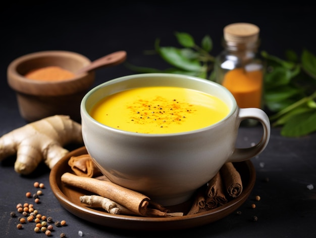 Turmeric milk made of animal or plant milk turmeric cinnamon ginger sweetener or honey Golden milk antioxidant immune boosting drink Moon milk with turmeric and spices Trendy ayurvedic drink