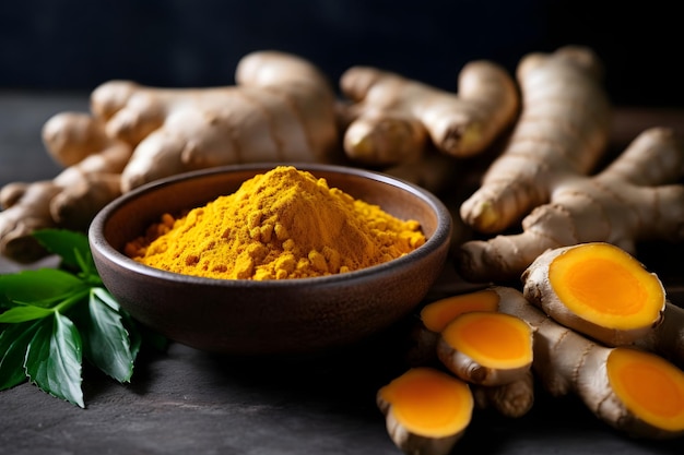 Turmeric powder in bowl and fresh turmeric root