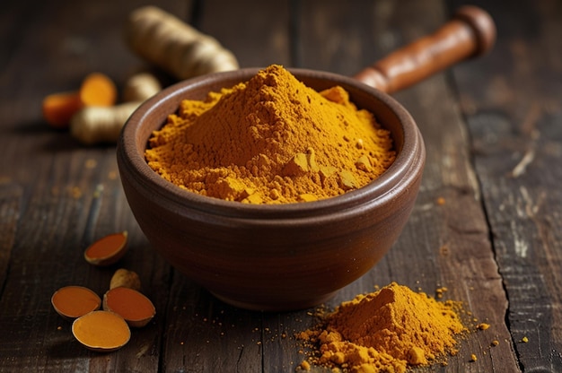 Turmeric powder in bowl on rustic background